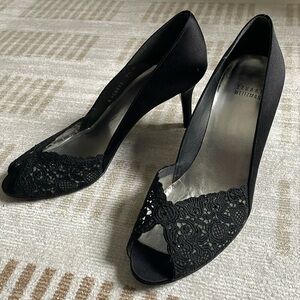 Stuart Weitzman Black Satin & Lace Heels Size 9.5
